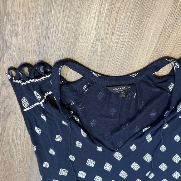 Lucky Brand Blue Tassel Diamond Print Peasant Blouse Large - Picture 4 of 6